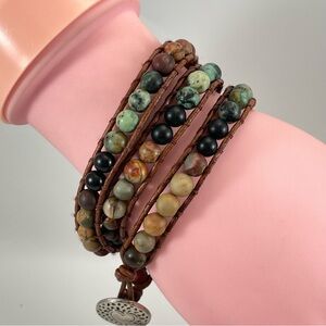 Natural Jasper Stone Leather Cord Bracelet Wrap Bohemian Healing Gemstone
